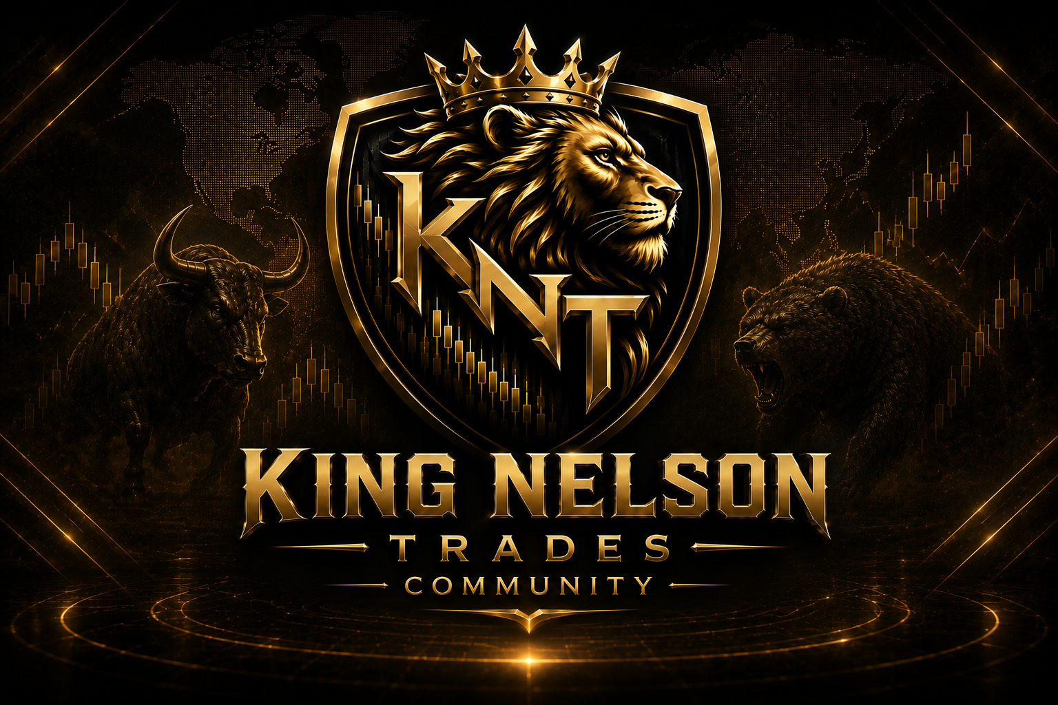 King Nelson Trades — bull and bear flanking the KNT crown with gold candlestick markets