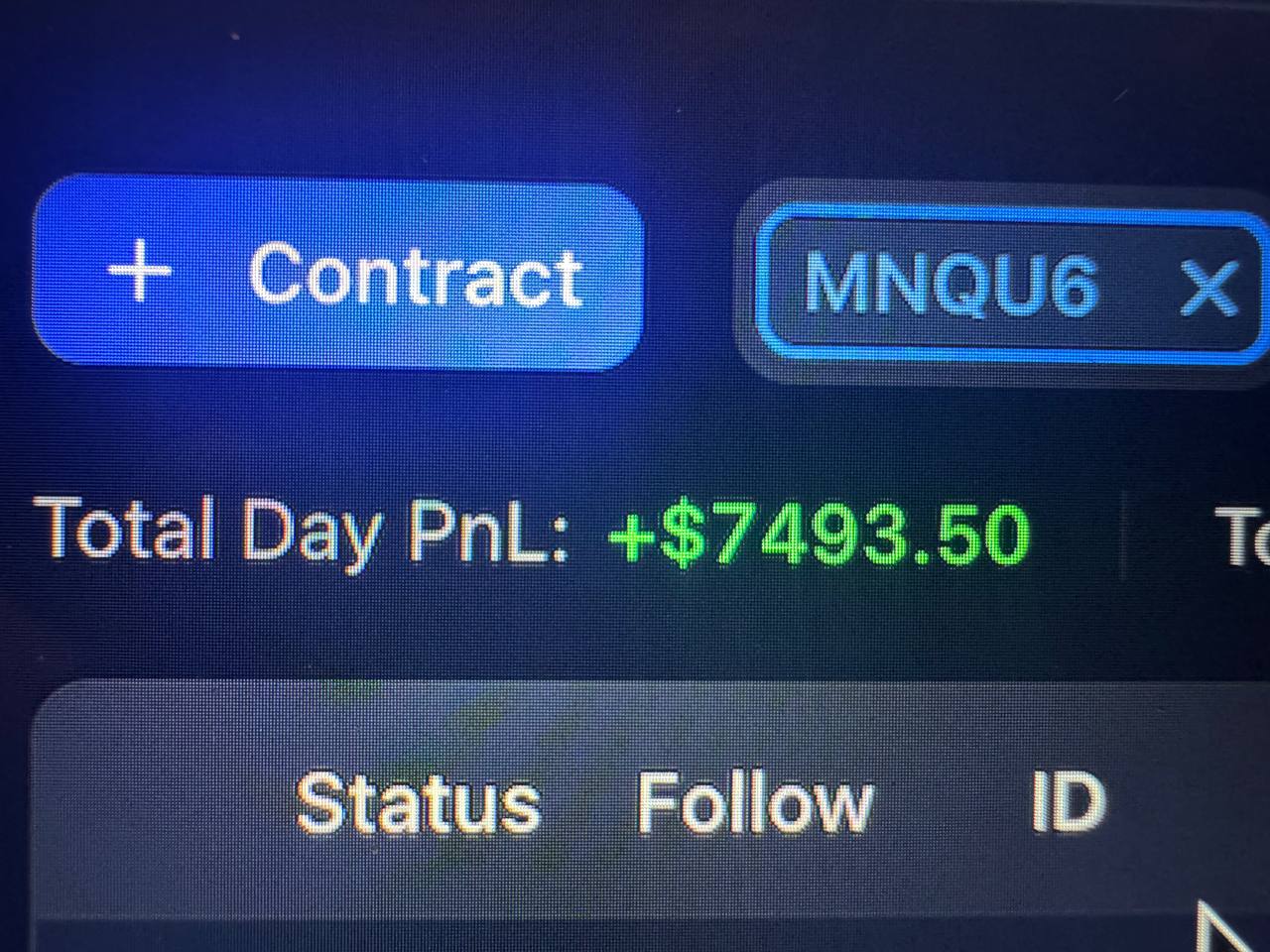 Total day PnL +$7,493.50 — MNQ